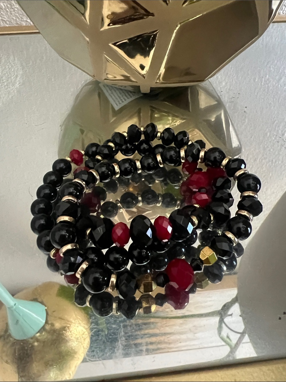 Black Onyx & Red Multi-Strand Beaded Bracelet Set with Gold Accents